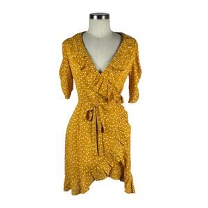 QUANTA DU SOLEIL Yellow Dress Heart Ruffle Wrap Tie Mini Size 34 XS Harriet‎